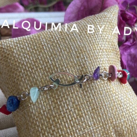Multi stones and sardine fish charm adorned bracelet - Picture 1 of 2